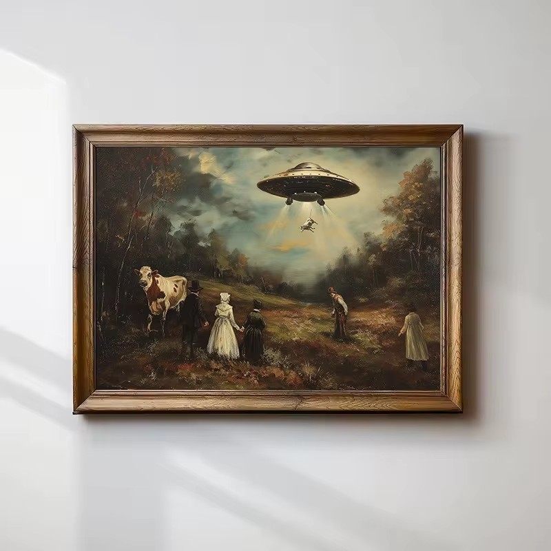 Star Map Poster - Vintage Surrealische Lustige Viktorianische UFO-Landschaft Kuh-Alien